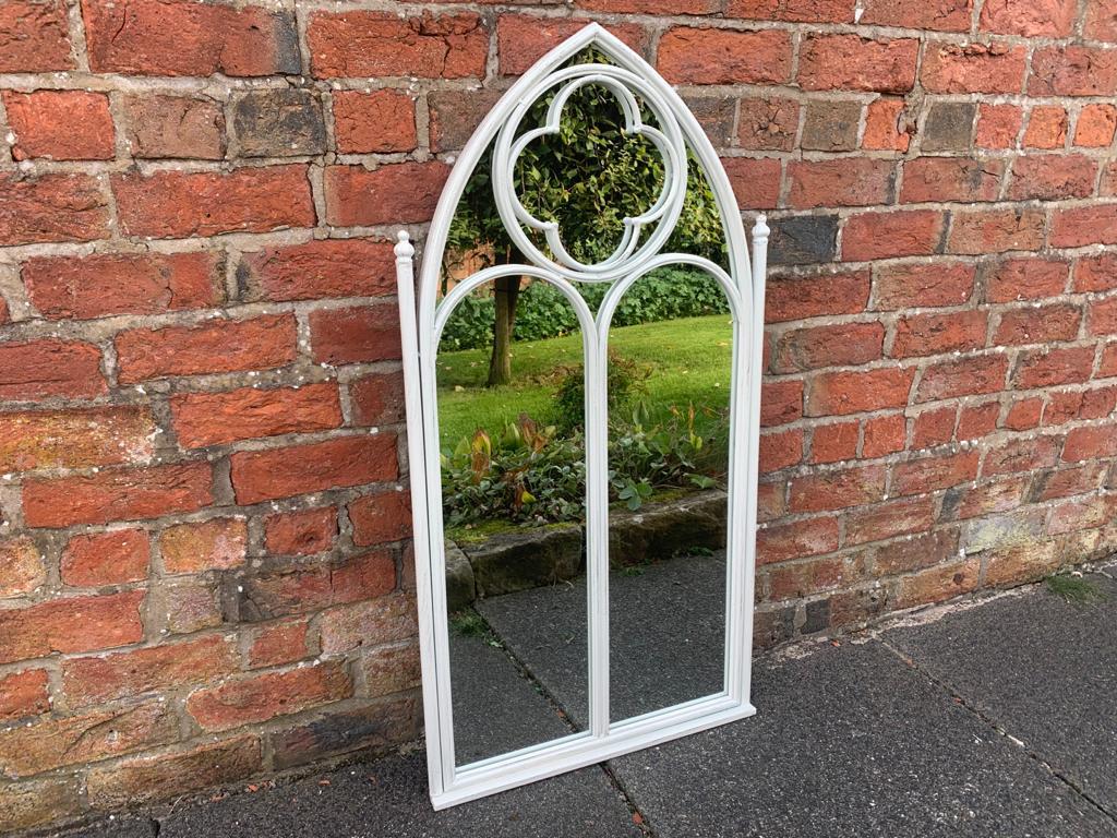 Metal Framed Gothic Arched Garden Mirror in White
