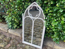 Load image into Gallery viewer, Metal Framed Gothic Arched Garden Mirror in White