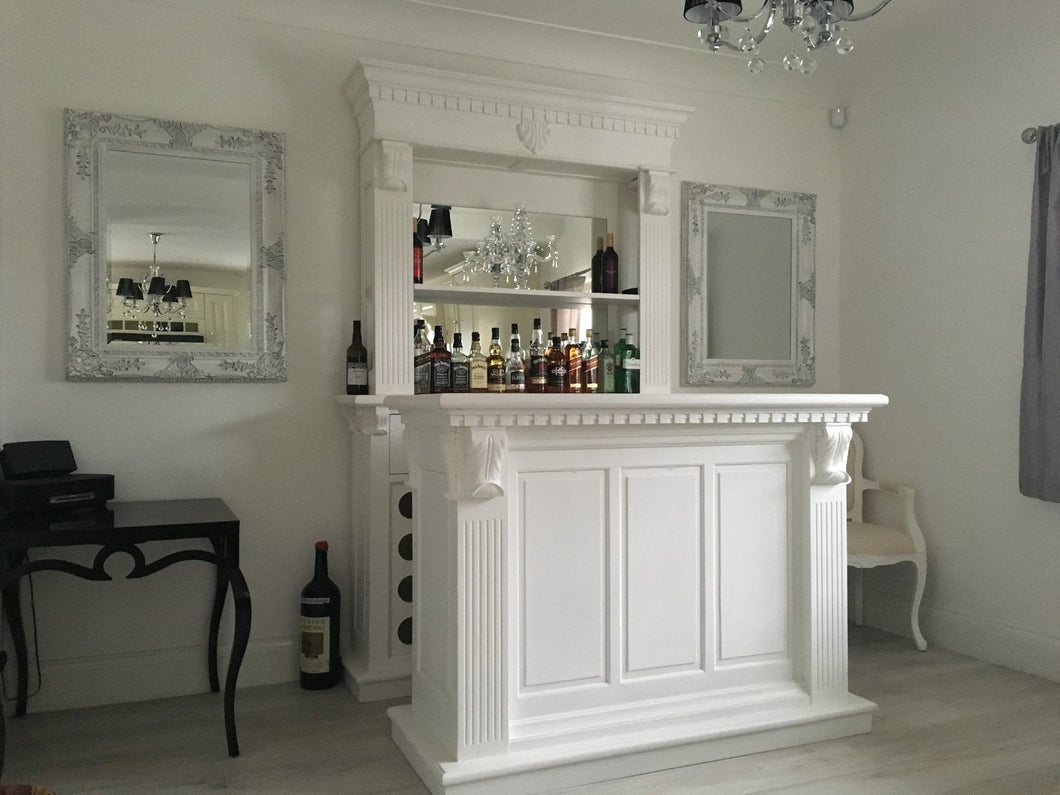 1.5m White Home Bar - Front Counter & Mirrored Back Bar (PRE ORDER NOW BACK IN STOCK 3 WEEKS)